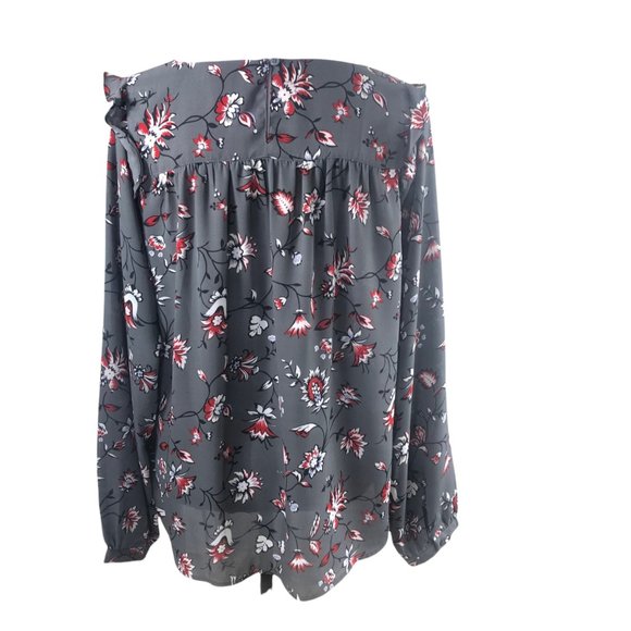 Loft Dark Gray Red Black Floral Long Sleeve Blouse with Ruffles size Medium - Picture 2 of 8